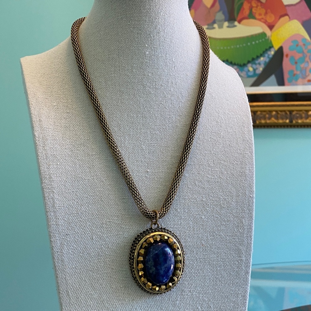 Vintage Gold and Blue Gemstone Statement Pendant Necklace